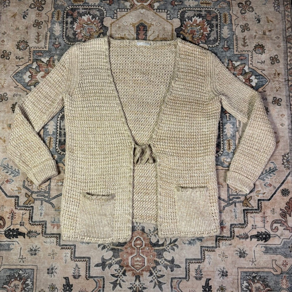 Chloe Silk Flax Cotton Knit Tie Cardigan Sweater Beige Designer Italy Resort M